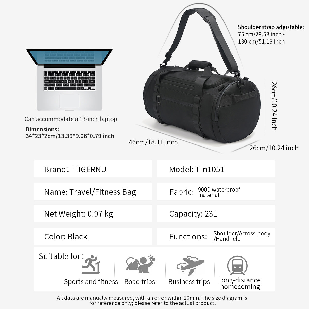 Tigernu brand new travel fitness trendy and fashionable gym waterproof bag with shoes compartments