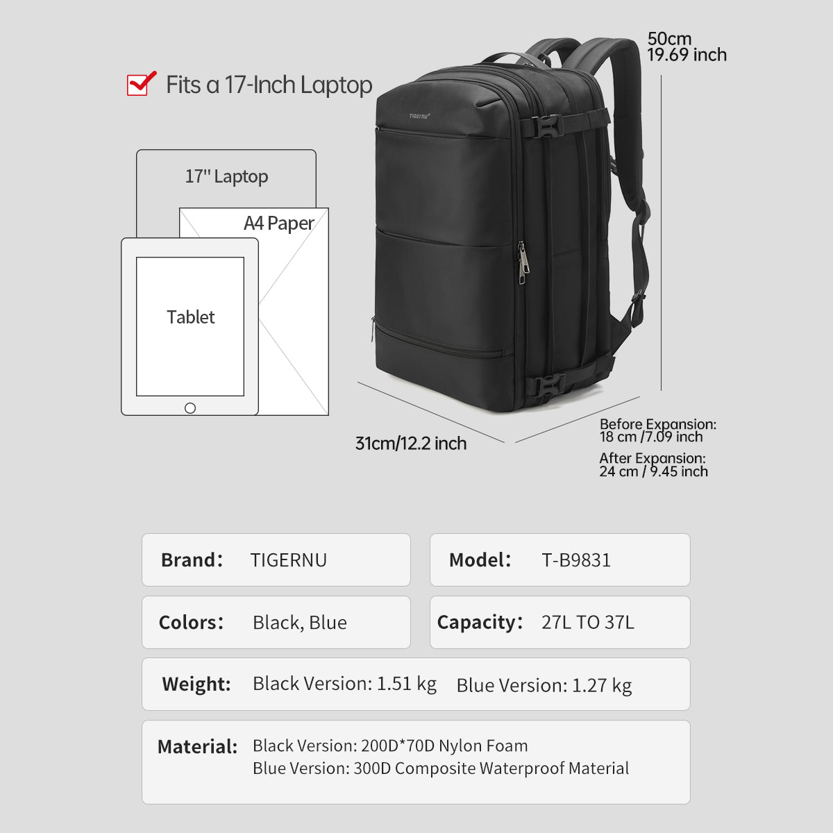 Tigernu new T-B9831 large capacity 27L To 37L leisure travel laptop backpack